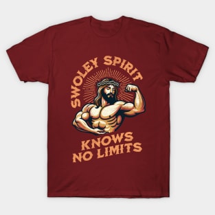 Swoley Spirit Knows No Limits: Jacked Jesus Gym Motivation Funny Christian Religious Workout Fitness Humor T-Shirt